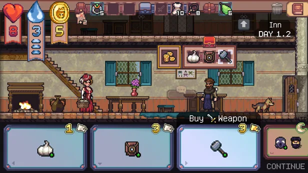 Rose the Maiden at the inn on Day 1.2, where the innkeeper sells garlic, a wooden chest and a war hammer, with Buy Weapon selected.