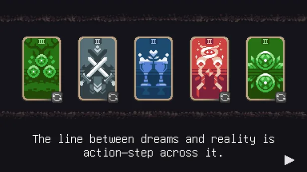 Five Minor Arcana cards dealt in a row (Three of Pentacles, Two of Swords, Two of Cups, Two of Wands, Two of Pentacles) above the line "The line between dreams and reality is action—step across it."