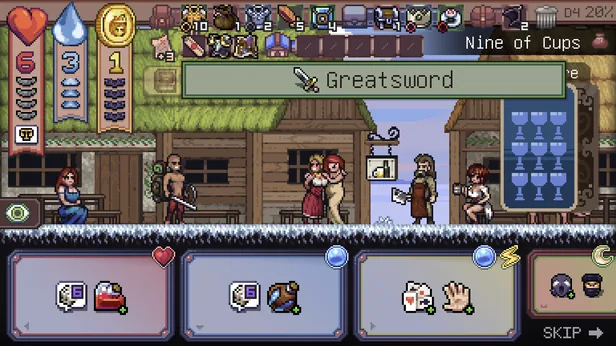 Rodd the Nomad in a snowy tavern village on the Nine of Cups, among embracing barmaids, a butcher with a cleaver and a woman with a mug, with a Greatsword on offer.
