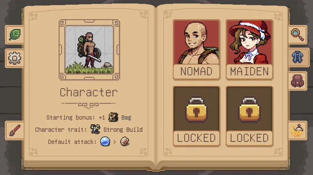 The character book with Rodd the Nomad selected (starting bonus +1 Bag, trait Strong Build), next to portraits of the Nomad and the Maiden and two locked heroes.