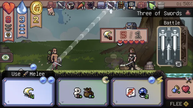 Rodd fights a bearded swordsman beneath a great tree in a Three of Swords battle and lines up a melee attack.